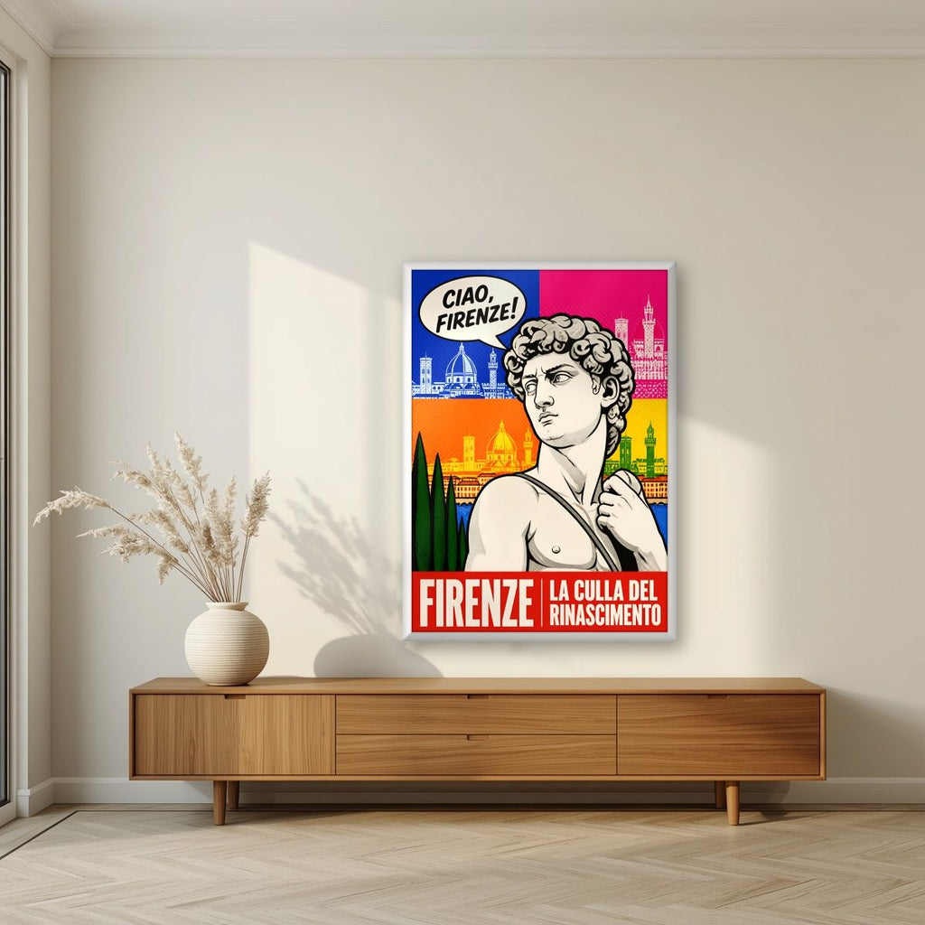 Ciao, Firenze! — Firenze art print, in a white frame, styled in a living room