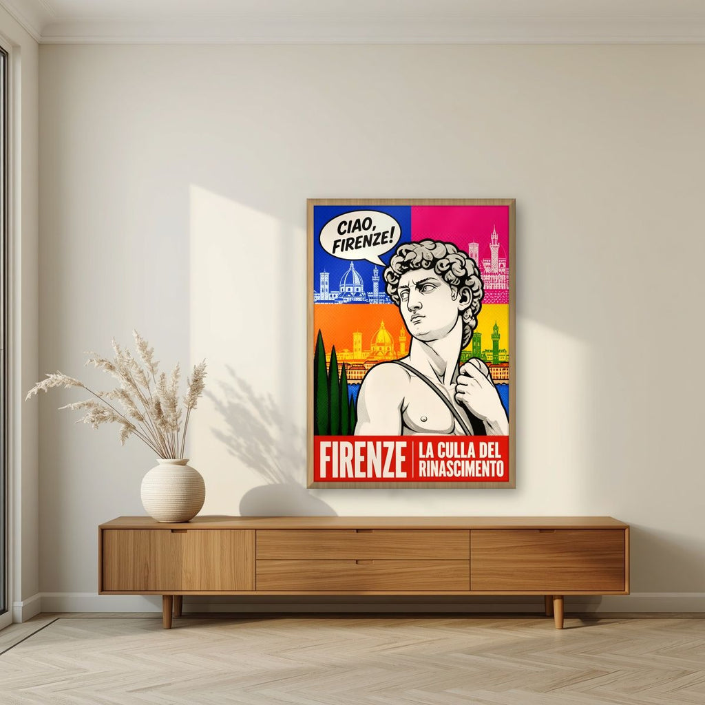 Ciao, Firenze! — Firenze art print, in an oak frame, styled in a living room