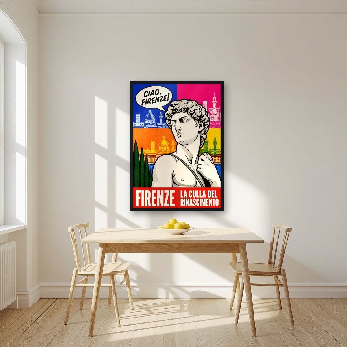 Ciao, Firenze! — Firenze art print, in a black frame, styled in a kitchen