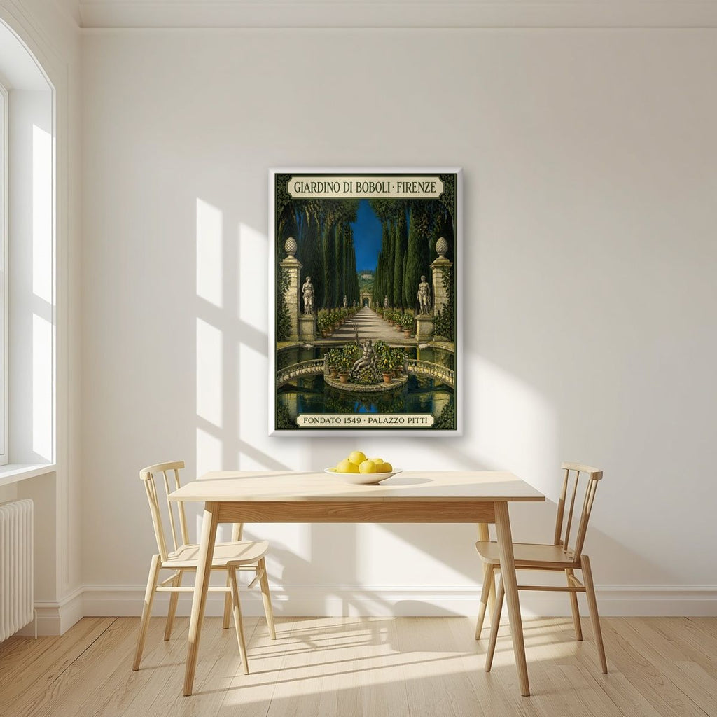 Giardino Di Boboli — Firenze art print, in a white frame, styled in a kitchen