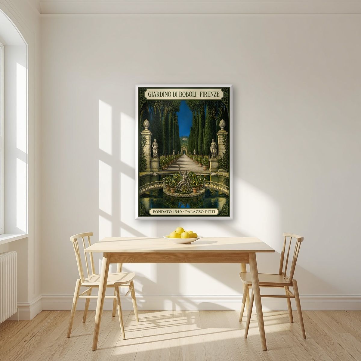 Giardino Di Boboli — Firenze art print, in a white frame, styled in a kitchen