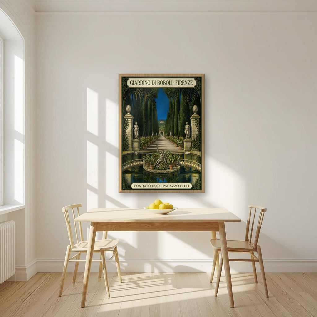 Giardino Di Boboli — Firenze art print, in an oak frame, styled in a kitchen