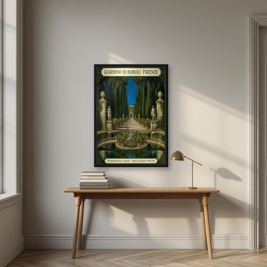 Giardino Di Boboli — Firenze art print, in a black frame, styled in a desk