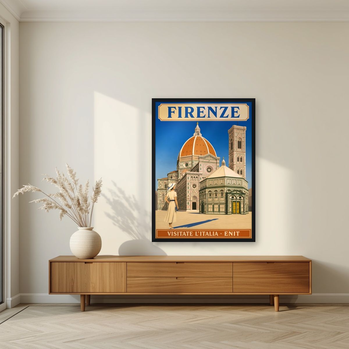 Il Duomo — Firenze art print, in a black frame, styled in a living room