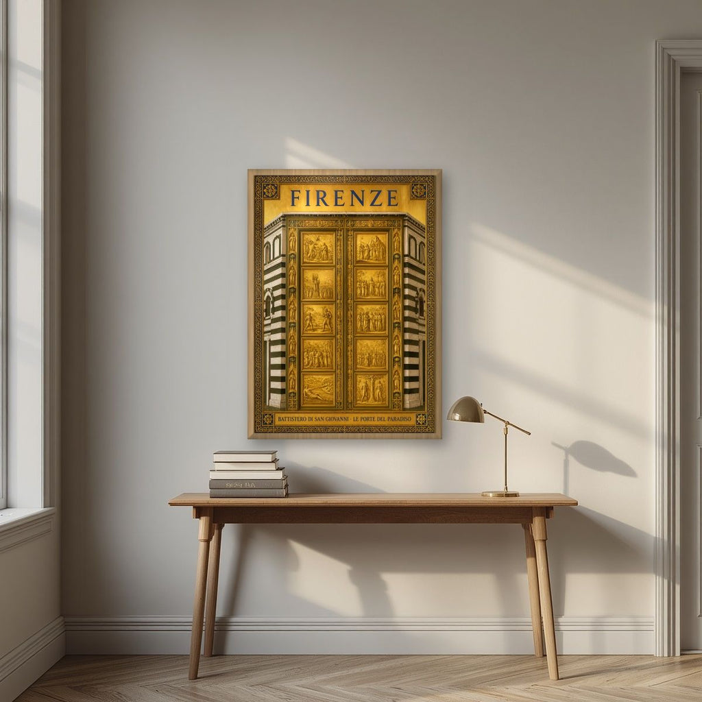 Le Porte Del Paradiso — Firenze art print, in an oak frame, styled in a desk