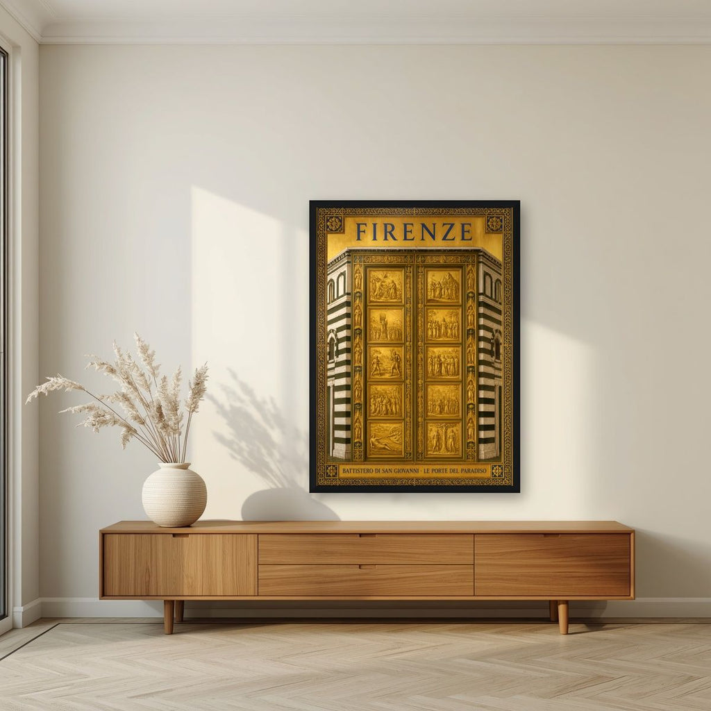 Le Porte Del Paradiso — Firenze art print, in a black frame, styled in a living room