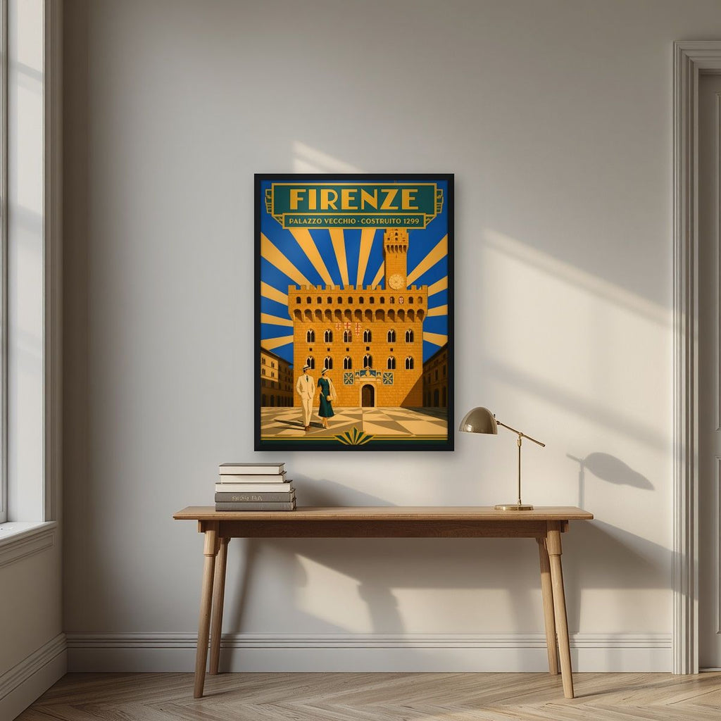 Palazzo Vecchio — Firenze art print, in a black frame, styled in a desk