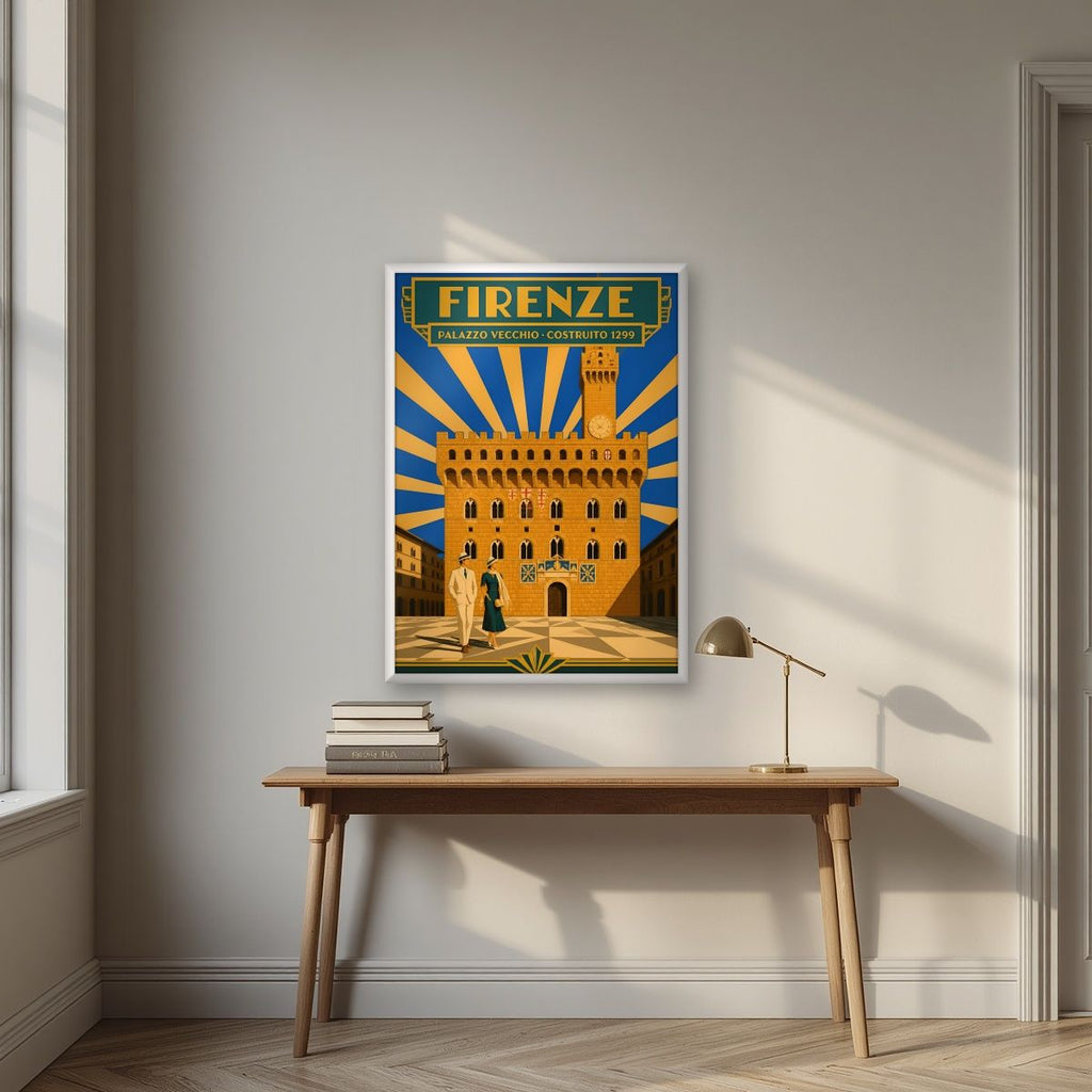 Palazzo Vecchio — Firenze art print, in a white frame, styled in a desk