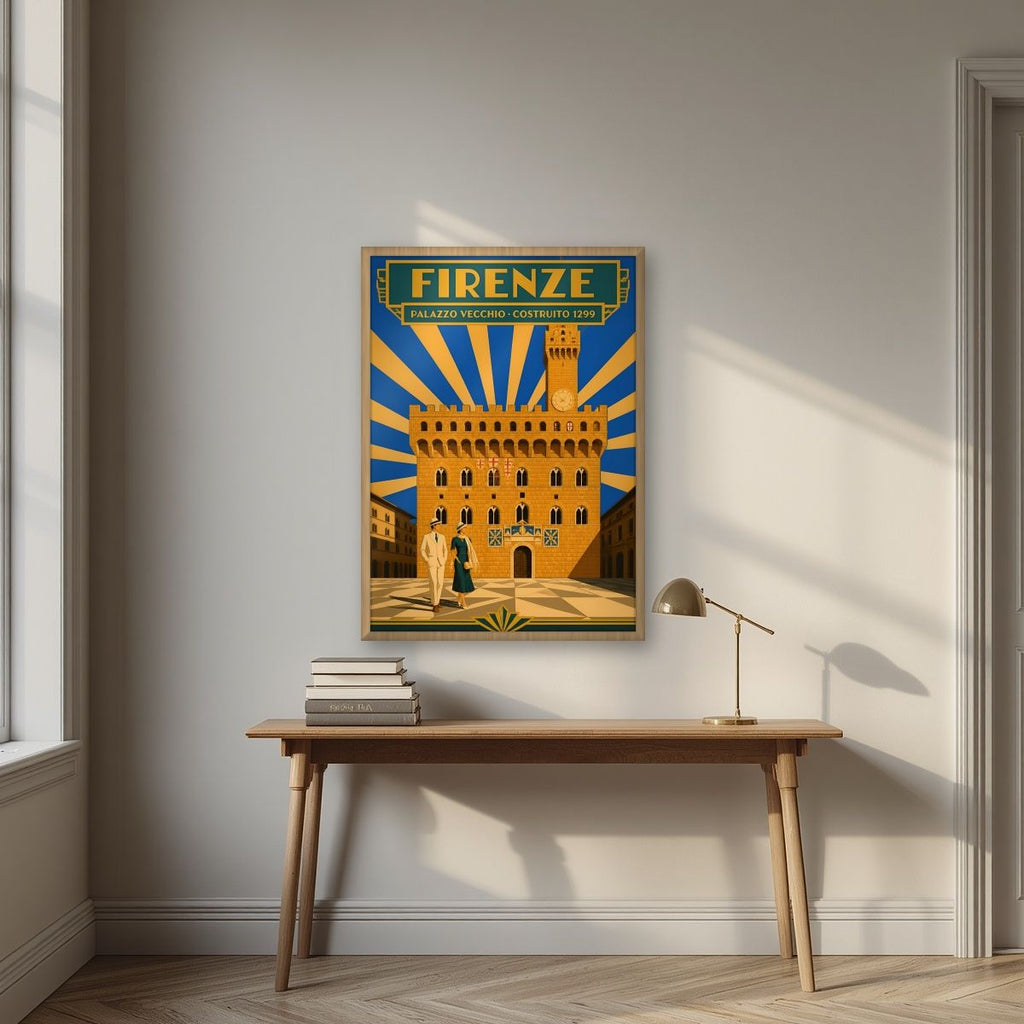 Palazzo Vecchio — Firenze art print, in an oak frame, styled in a desk