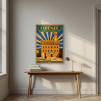 Palazzo Vecchio — Firenze art print, in an oak frame, styled in a desk