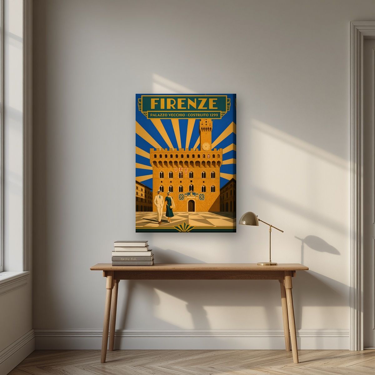 Palazzo Vecchio — Firenze art print, on slim canvas, styled in a desk