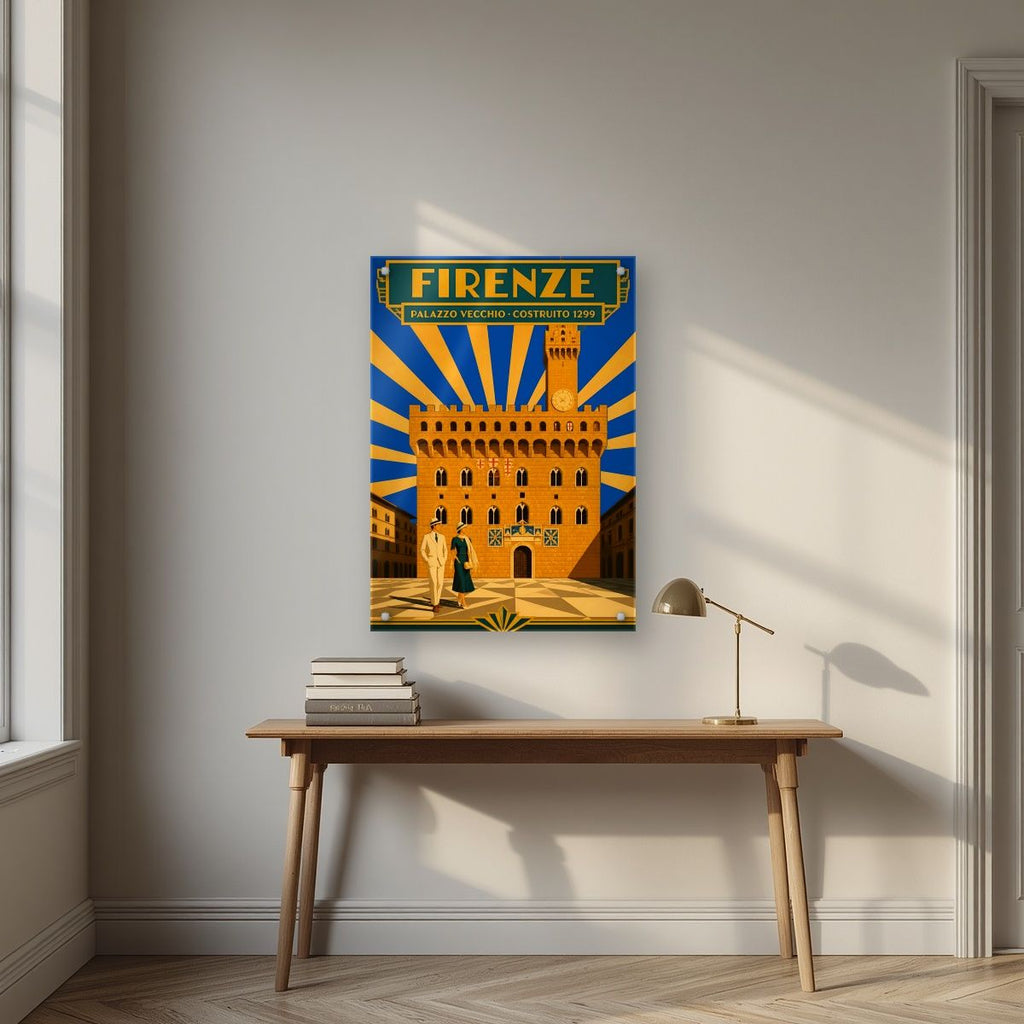 Palazzo Vecchio — Firenze art print, as an acrylic print, styled in a desk