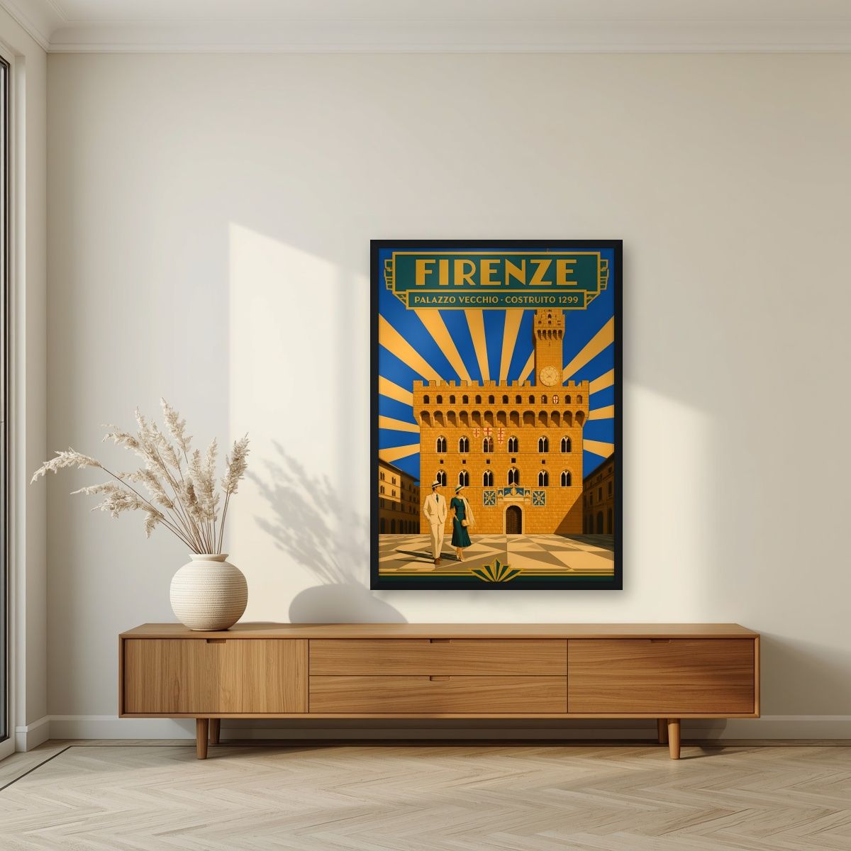 Palazzo Vecchio — Firenze art print, in a black frame, styled in a living room