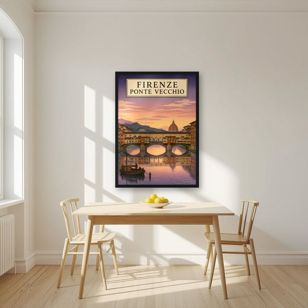 Ponte Vecchio — Firenze art print, in a black frame, styled in a kitchen