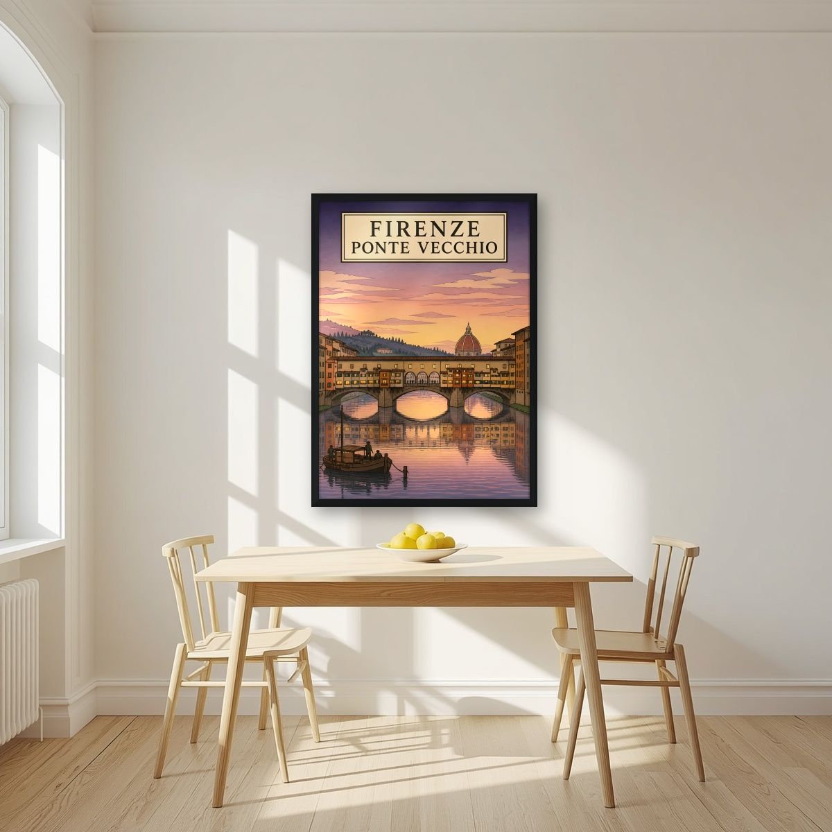 Ponte Vecchio — Firenze art print, in a black frame, styled in a kitchen