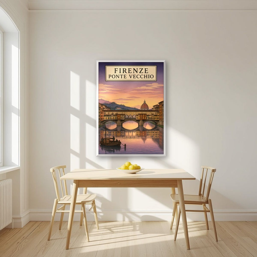 Ponte Vecchio — Firenze art print, in a white frame, styled in a kitchen