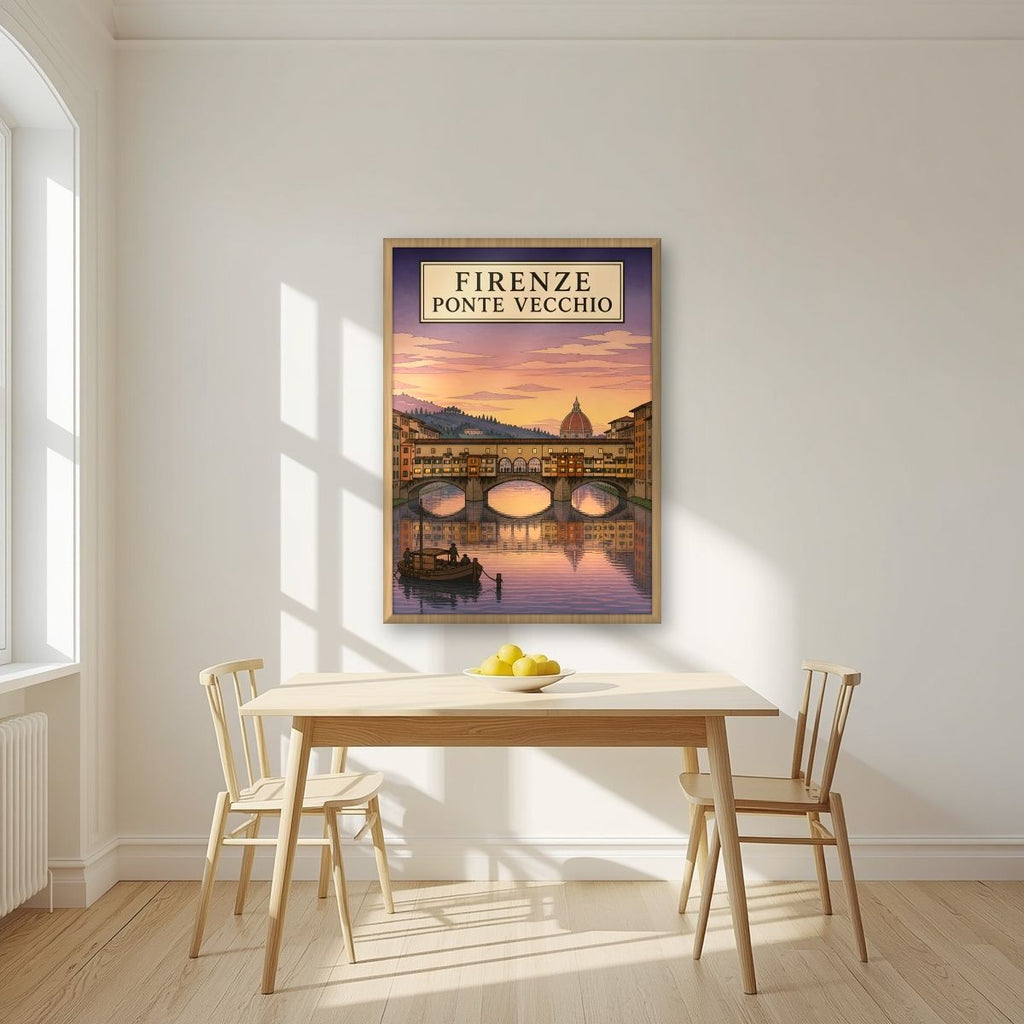 Ponte Vecchio — Firenze art print, in an oak frame, styled in a kitchen