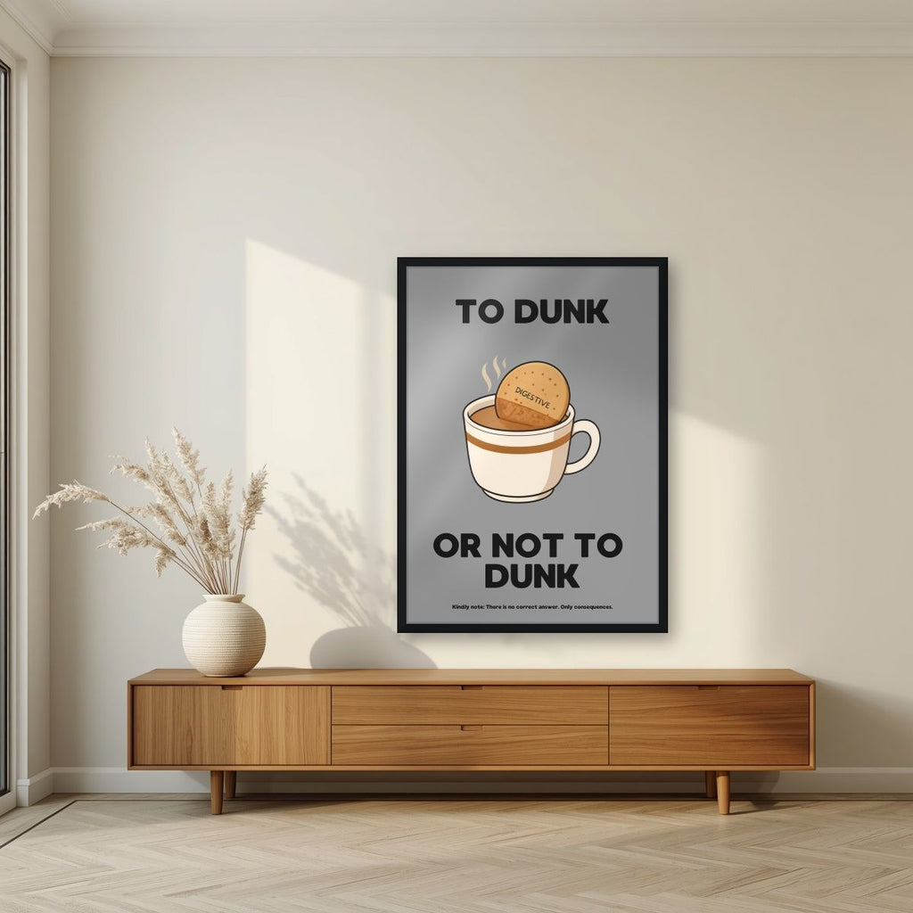 To Dunk Or Not To Dunk – Brolly Grey art print, in a black frame, styled in a living room