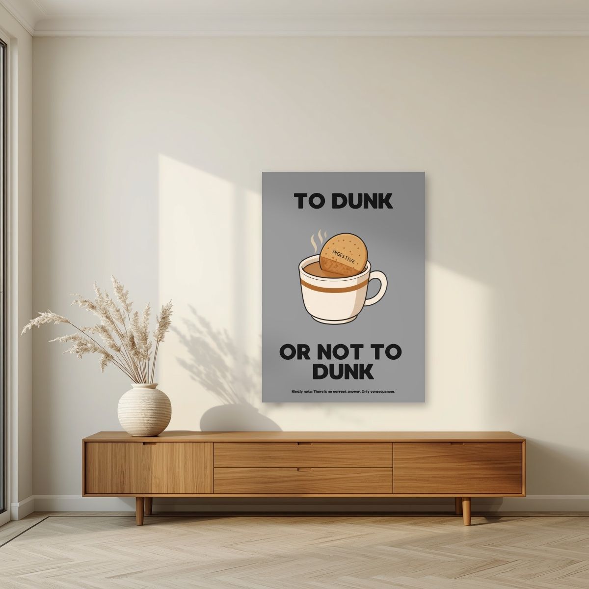 To Dunk Or Not To Dunk – Brolly Grey art print, unframed poster, styled in a living room