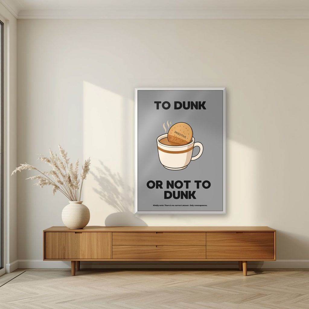 To Dunk Or Not To Dunk – Brolly Grey art print, in a white frame, styled in a living room