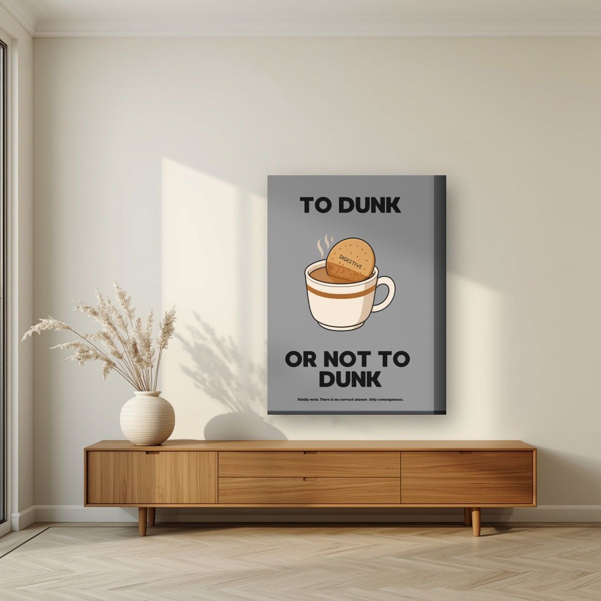 To Dunk Or Not To Dunk – Brolly Grey art print, on thick canvas, styled in a living room
