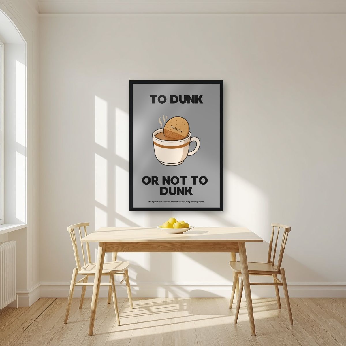To Dunk Or Not To Dunk – Brolly Grey art print, in a black frame, styled in a kitchen