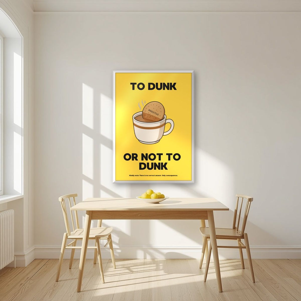 To Dunk Or Not To Dunk – Custard Cream art print, in a white frame, styled in a kitchen