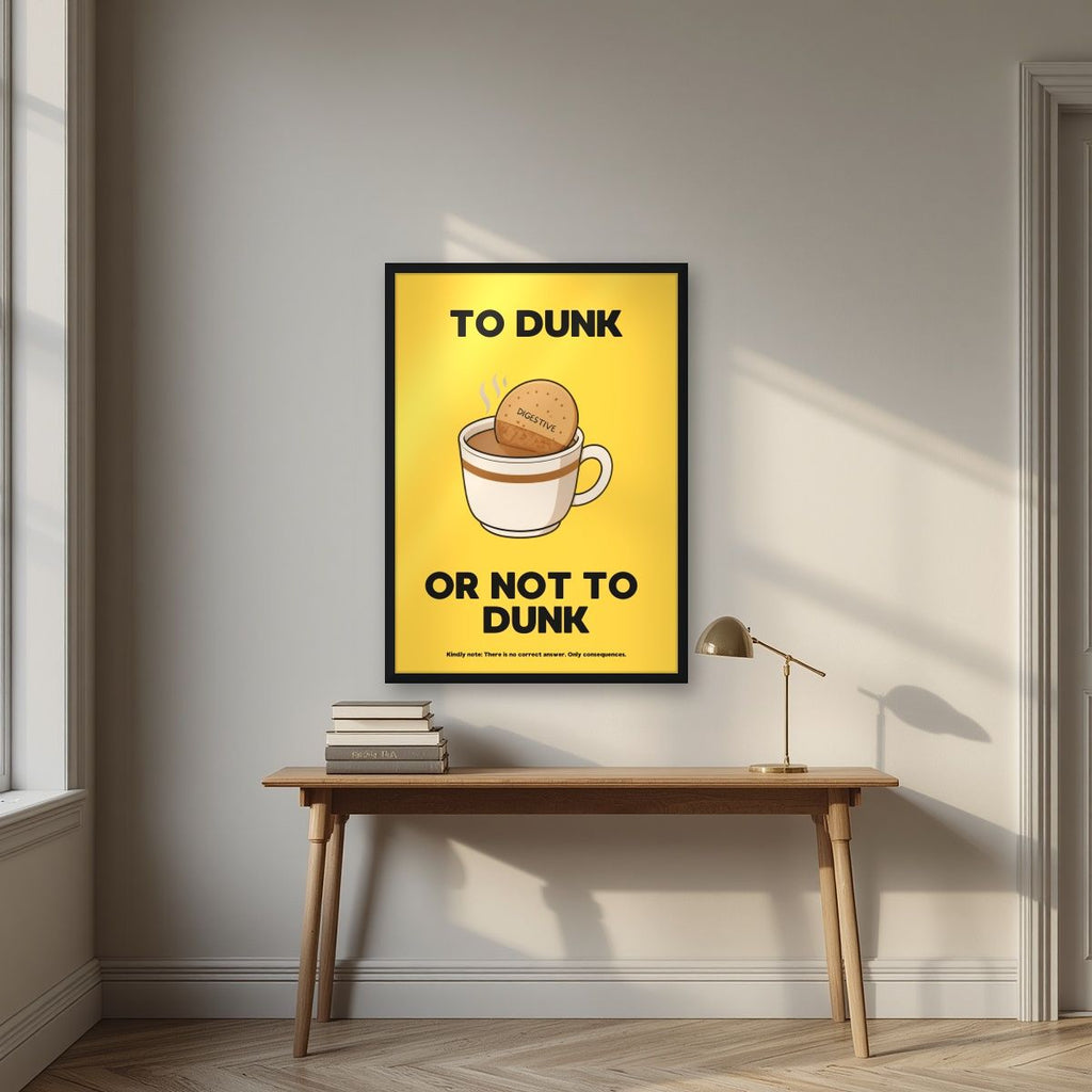 To Dunk Or Not To Dunk – Custard Cream art print, in a black frame, styled in a desk