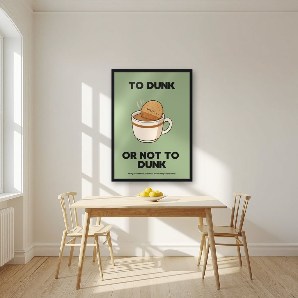 To Dunk Or Not To Dunk – Garden Sage art print, in a black frame, styled in a kitchen