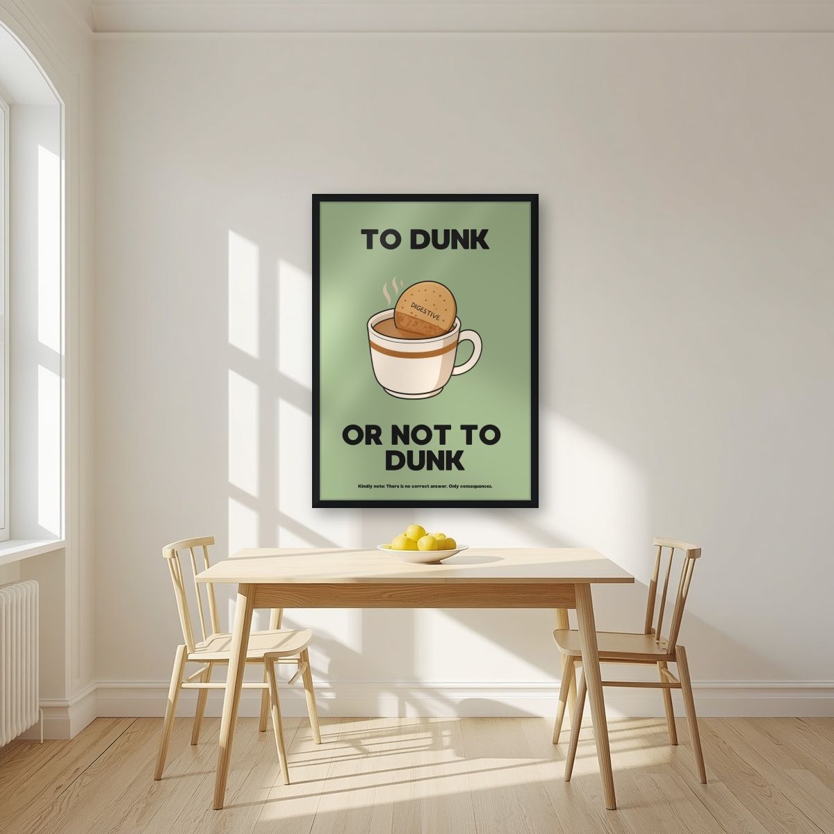 To Dunk Or Not To Dunk – Garden Sage art print, in a black frame, styled in a kitchen