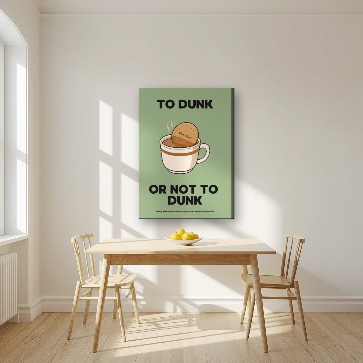 To Dunk Or Not To Dunk – Garden Sage art print, on slim canvas, styled in a kitchen