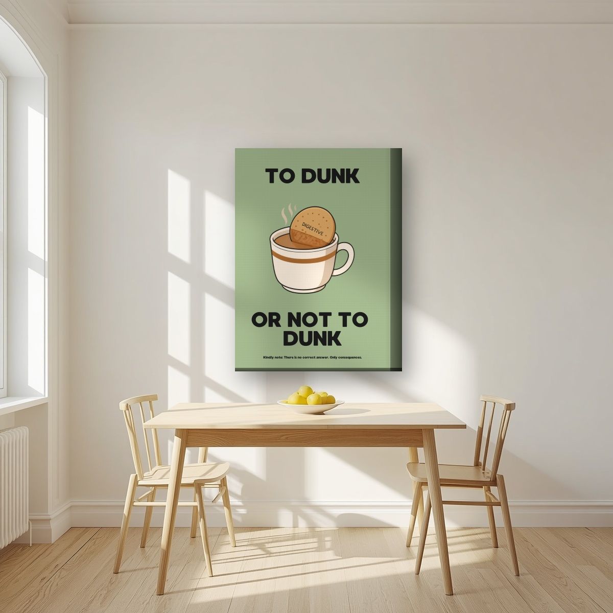 To Dunk Or Not To Dunk – Garden Sage art print, on thick canvas, styled in a kitchen