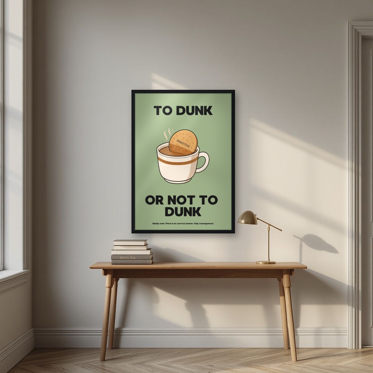 To Dunk Or Not To Dunk – Garden Sage art print, in a black frame, styled in a desk
