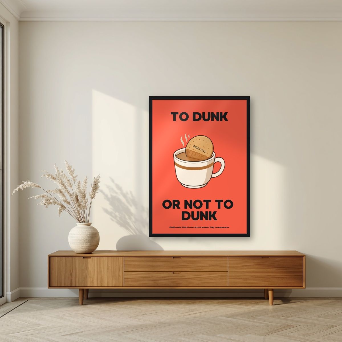 To Dunk Or Not To Dunk – Jammie Red art print, in a black frame, styled in a living room