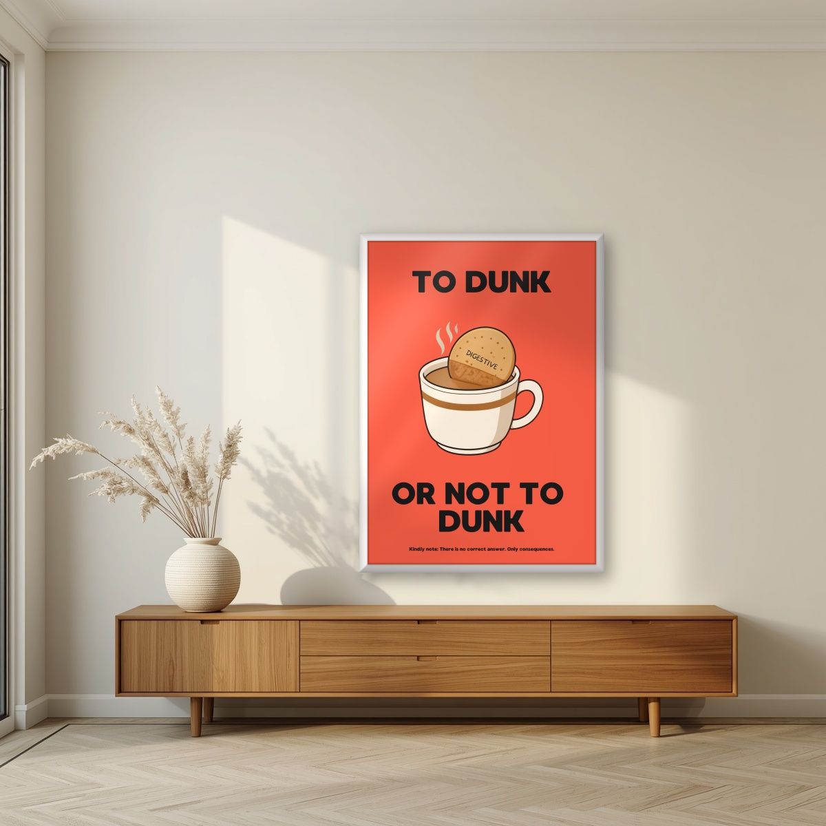 To Dunk Or Not To Dunk – Jammie Red art print, in a white frame, styled in a living room