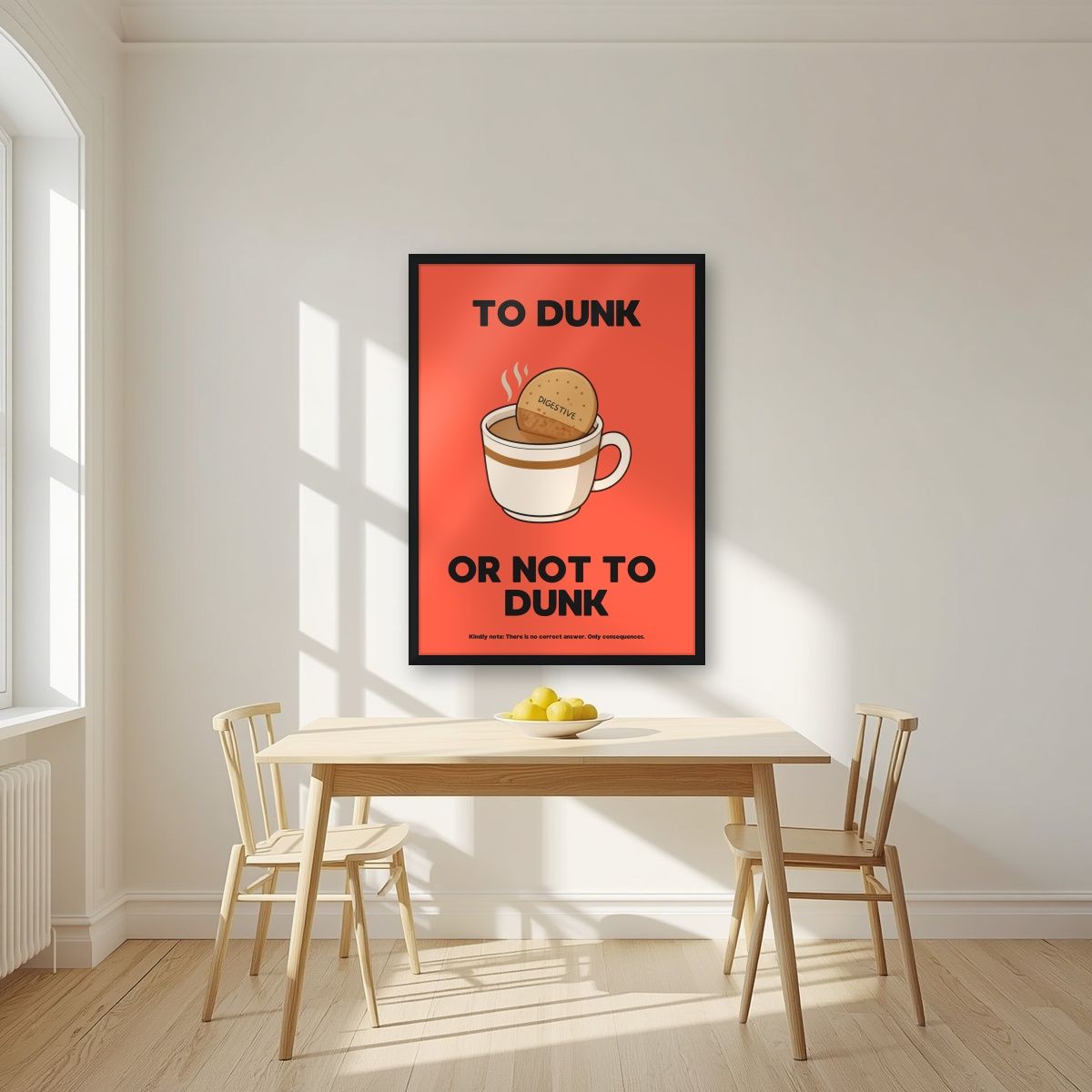 To Dunk Or Not To Dunk – Jammie Red art print, in a black frame, styled in a kitchen