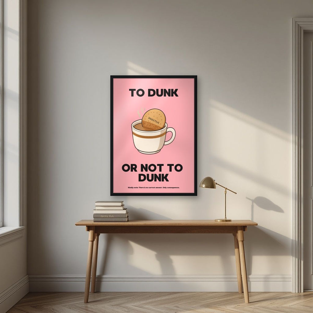 To Dunk Or Not To Dunk – Pink Wafer art print, in a black frame, styled in a desk