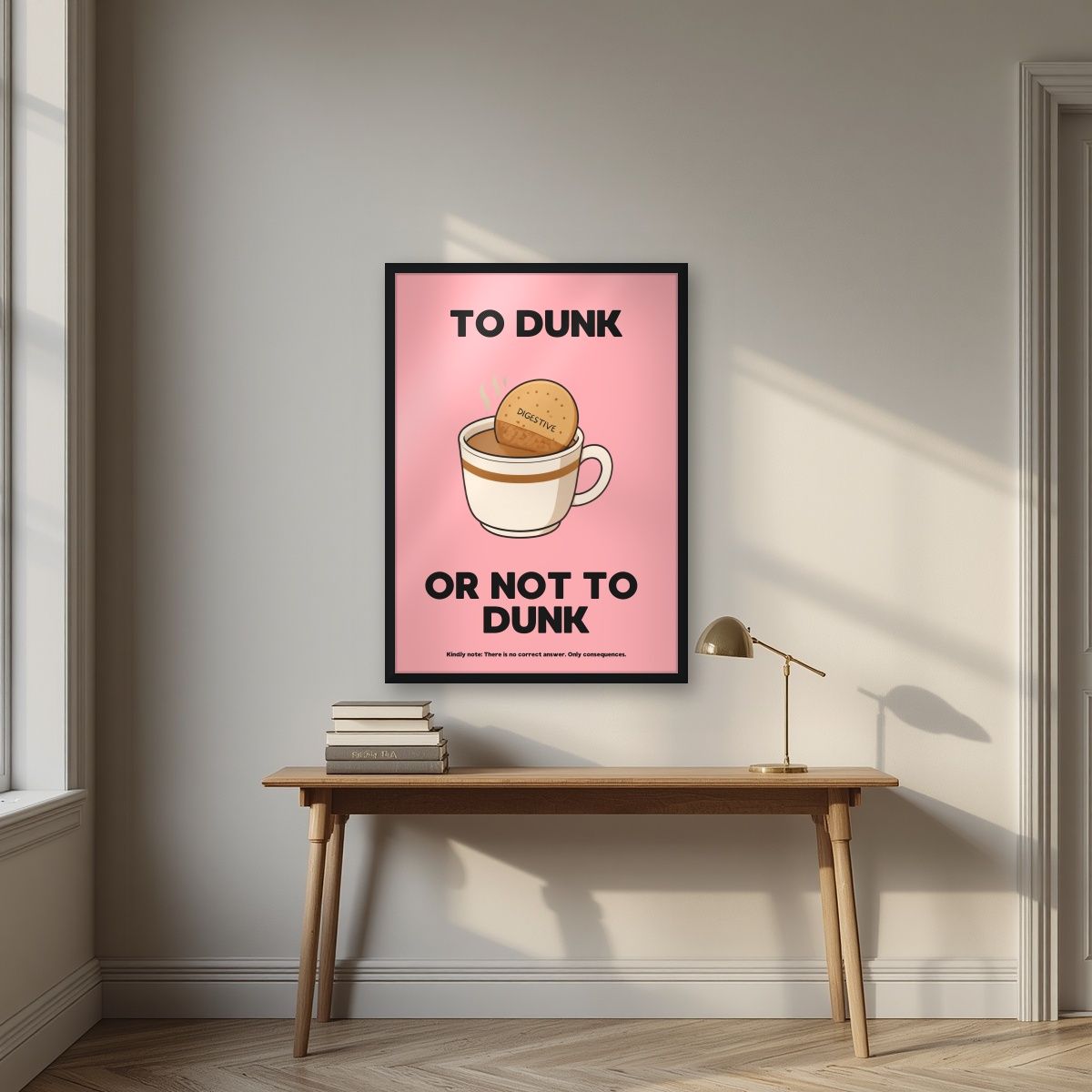 To Dunk Or Not To Dunk – Pink Wafer art print, in a black frame, styled in a desk