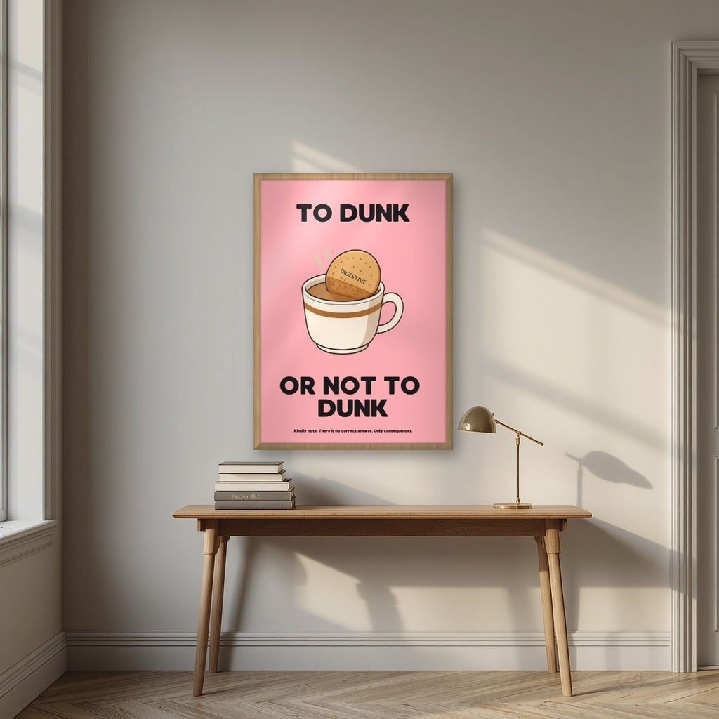 To Dunk Or Not To Dunk – Pink Wafer art print, in an oak frame, styled in a desk