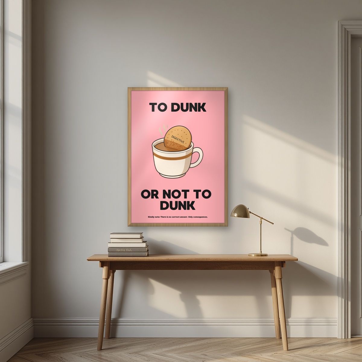 To Dunk Or Not To Dunk – Pink Wafer art print, in an oak frame, styled in a desk