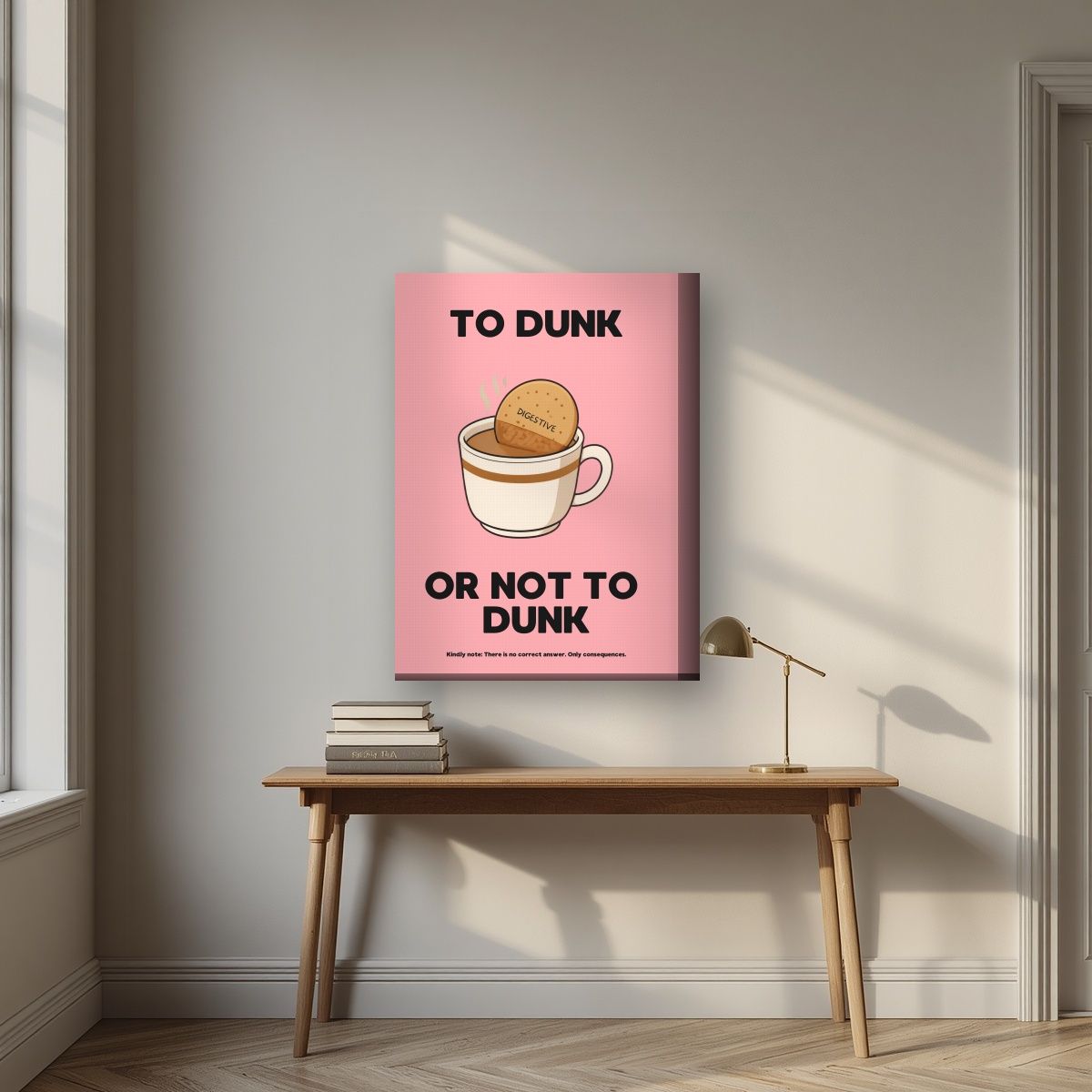 To Dunk Or Not To Dunk – Pink Wafer art print, on thick canvas, styled in a desk