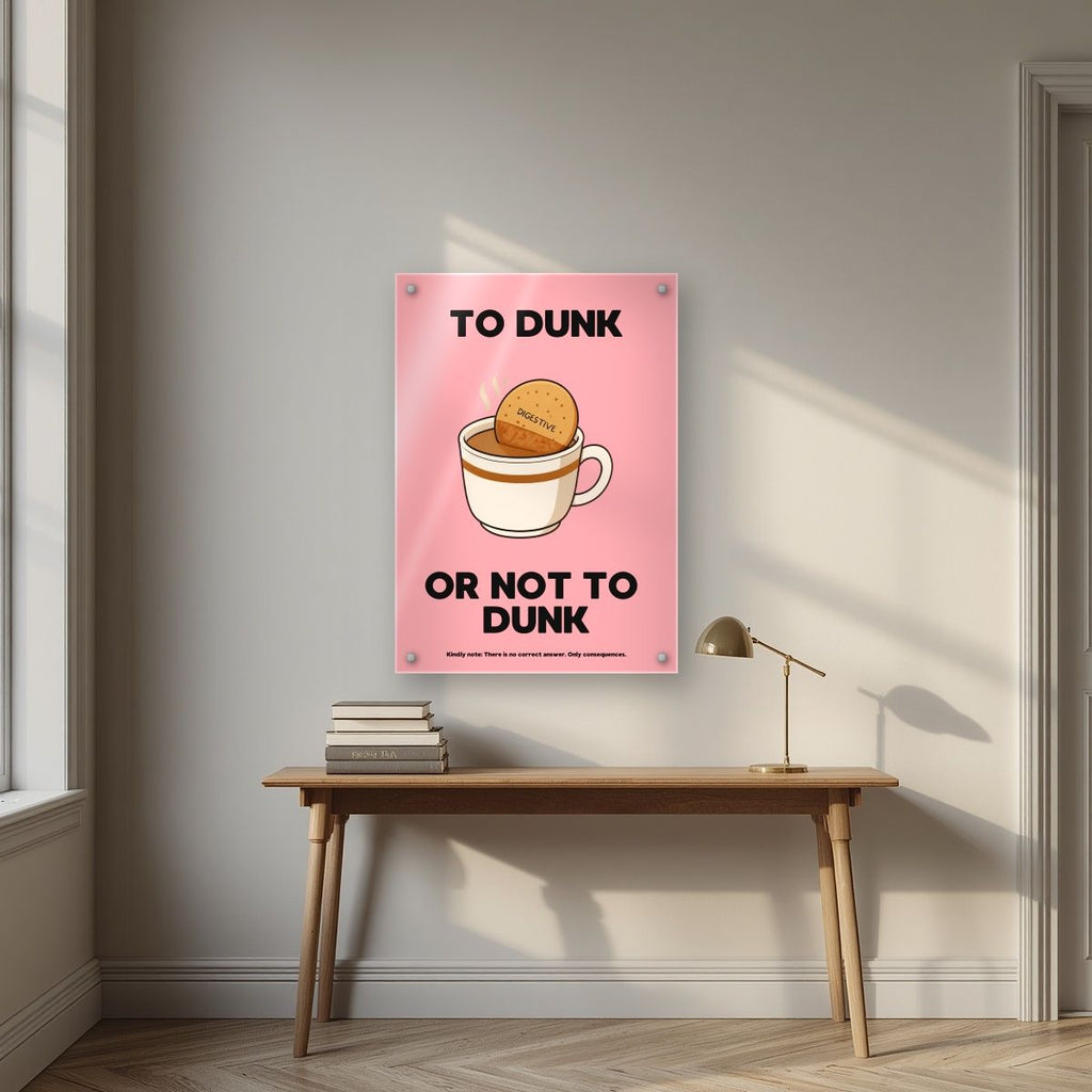 To Dunk Or Not To Dunk – Pink Wafer art print, as an acrylic print, styled in a desk