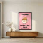 To Dunk Or Not To Dunk – Pink Wafer art print, in a black frame, styled in a living room