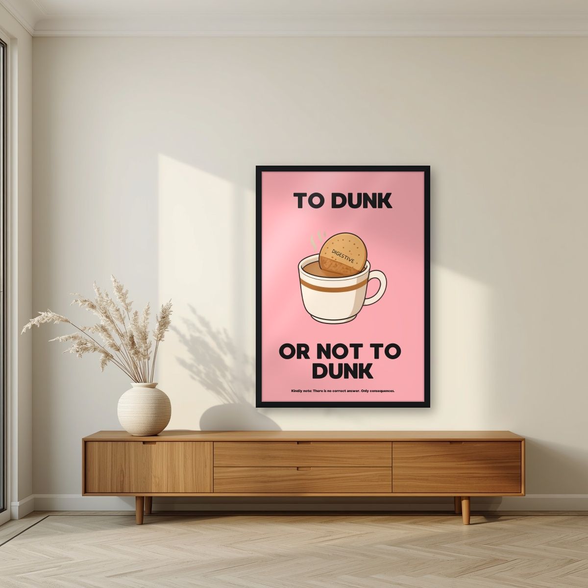 To Dunk Or Not To Dunk – Pink Wafer art print, in a black frame, styled in a living room