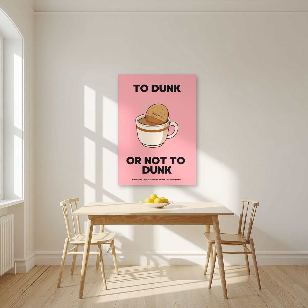 To Dunk Or Not To Dunk – Pink Wafer art print, unframed poster, styled in a kitchen