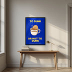 To Dunk Or Not To Dunk – Teatime Navy art print, in a black frame, styled in a desk