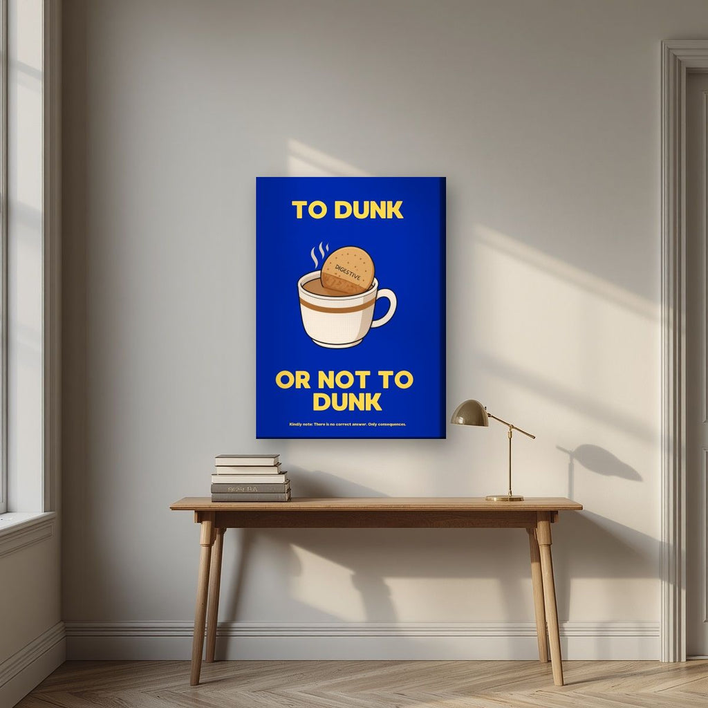 To Dunk Or Not To Dunk – Teatime Navy art print, on slim canvas, styled in a desk