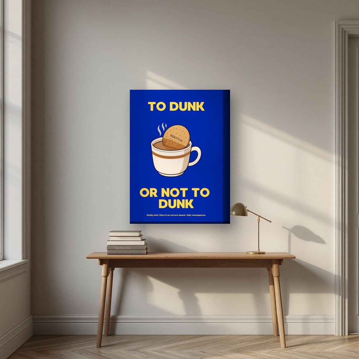To Dunk Or Not To Dunk – Teatime Navy art print, on thick canvas, styled in a desk
