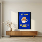 To Dunk Or Not To Dunk – Teatime Navy art print, in a black frame, styled in a living room