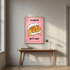 You're My Butty Half – Candyfloss Pink art print, in an oak frame, styled in a desk